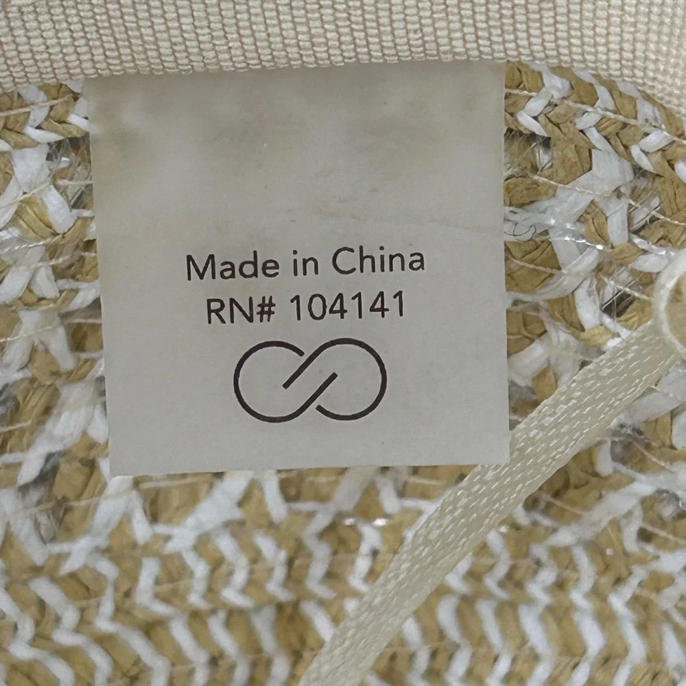 Calia Womens Tan White Woven Straw Wide Brim Floppy Sun Hat Beach Costal